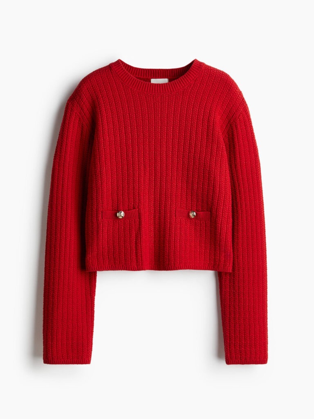 Red Cropped Moss-Knit Sweater with Decorative Button